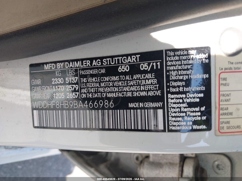 2011 Mercedes-benz E-class VIN WDDHF8HB9BA466986 IAAI salvage auction — FRONT END, Mv-907A (New York), sold $800 on 2026-07-30 (photo 9)