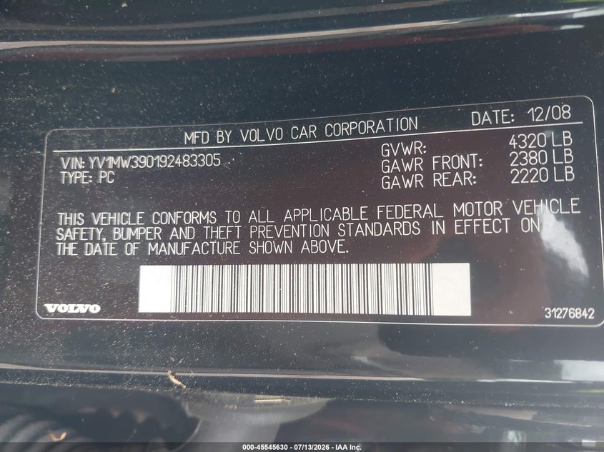 2009 Volvo V50 VIN YV1MW390192483305 IAAI salvage auction — NORMAL WEAR, Clear (Alabama), sold $250 on 2026-07-22 (photo 9)