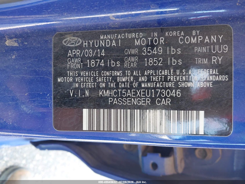 2014 Hyundai Accent VIN KMHCT5AEXEU173046 IAAI salvage auction — REAR END, Parts Only Bos (Minnesota), sold $25 on 2026-07-29 (photo 9)