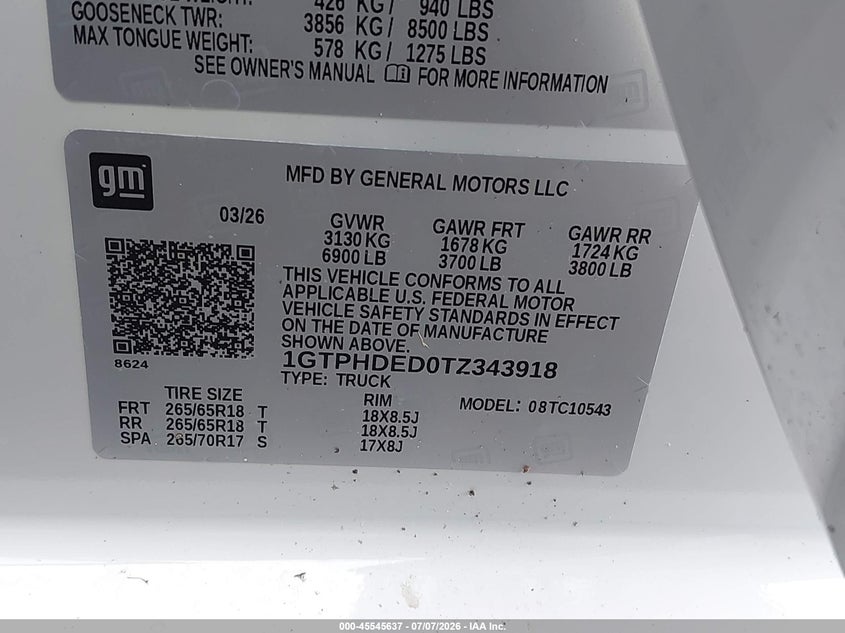 2026 Gmc SIERRA VIN 1GTPHDED0TZ343918 IAAI salvage auction — FRONT END, Certificate Of Destruction (Florida), sold $3,850 on 2026-07-12 (photo 9)