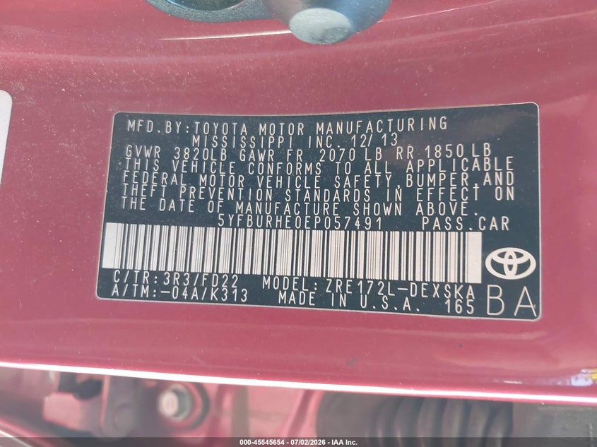 2014 Toyota Corolla VIN 5YFBURHE0EP057491 IAAI salvage auction — FRONT END, Salvage (California), sold $1,200 on 2026-07-13 (photo 9)