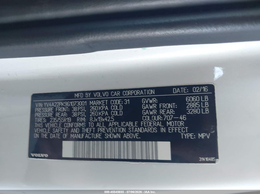2016 Volvo Xc90 VIN YV4A22PK9G1073001 IAAI salvage auction — FRONT END, Wait Title, sold $2,950 on 2026-07-31 (photo 9)