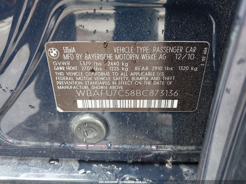 2011 BMW 5 series VIN WBAFU7C58BC873136 IAAI salvage auction — REAR END, Salvage - Greater Than 75% (Maryland), sold $975 on 2026-07-22 (photo 9)