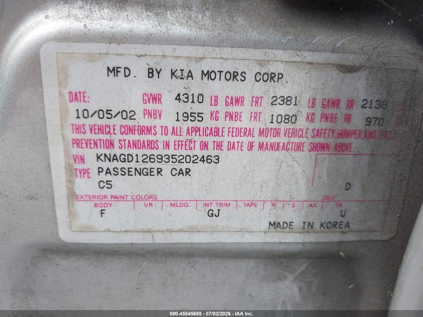 2003 Kia Optima VIN KNAGD126935202463 IAAI salvage auction — NORMAL WEAR, Clear (Alabama), sold $325 on 2026-07-08 (photo 9)