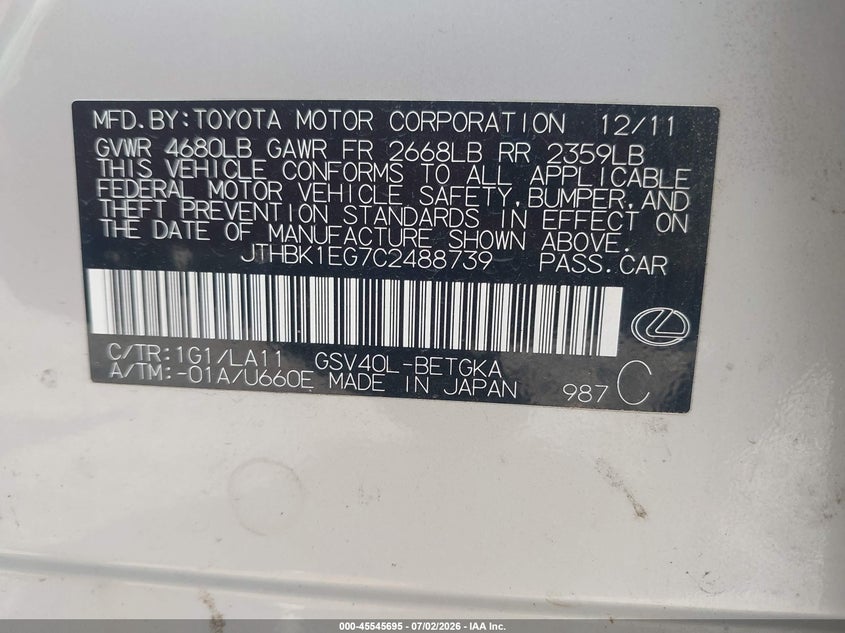 2012 Lexus Es 350 VIN JTHBK1EG7C2488739 IAAI salvage auction — NORMAL WEAR, Clear (Alabama), sold $2,200 on 2026-07-15 (photo 9)
