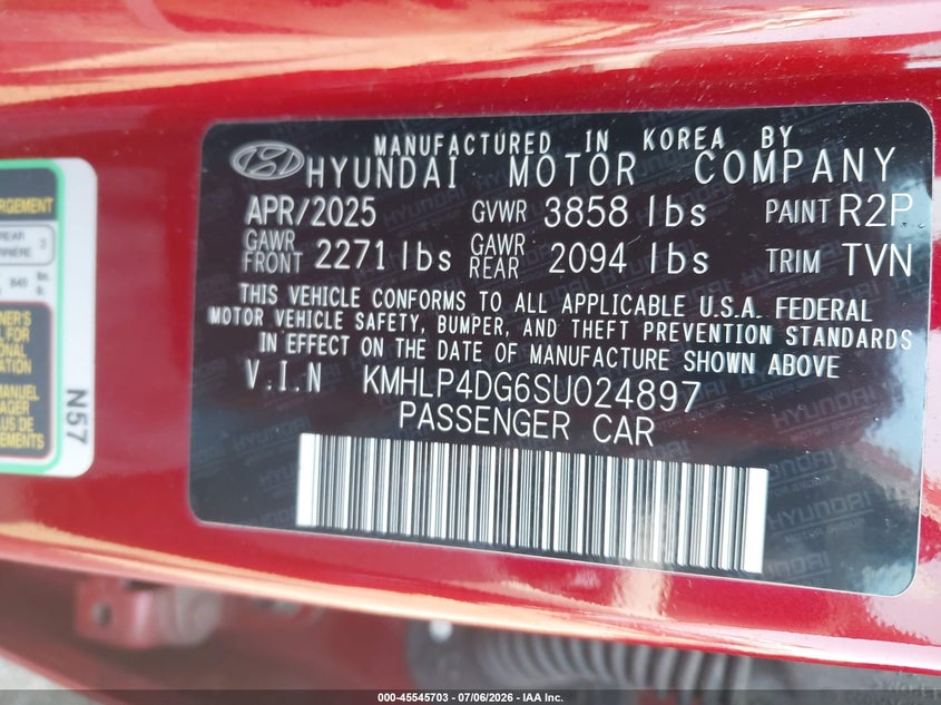 2025 Hyundai Elantra VIN KMHLP4DG6SU024897 IAAI salvage auction — REAR END, Enterprise Vehicles Clear Only (Tennessee), sold $3,150 on 2026-07-08 (photo 9)