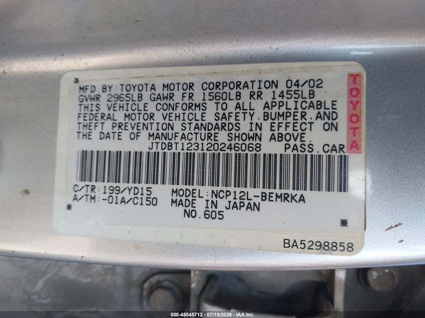 2002 Toyota Echo VIN JTDBT123120246068 IAAI salvage auction — NORMAL WEAR, Salvage Title, sold $275 on 2026-07-29 (photo 9)