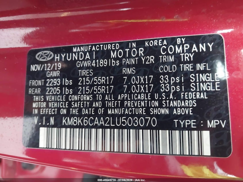 2020 Hyundai Kona VIN KM8K6CAA2LU503070 IAAI salvage auction — FRONT END, Salvage (Connecticut), sold $3,725 on 2026-07-09 (photo 9)