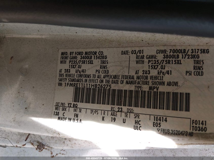2001 Ford E 150 VIN 1FMRE11L11HB26275 IAAI salvage auction — NORMAL WEAR, Clear (Virginia), sold $375 on 2026-07-09 (photo 9)