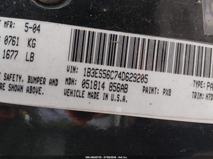 2004 Dodge Neon VIN 1B3ES56C74D629205 IAAI salvage auction — UNKNOWN, Clear (Indiana), sold $250 on 2026-07-23 (photo 9)