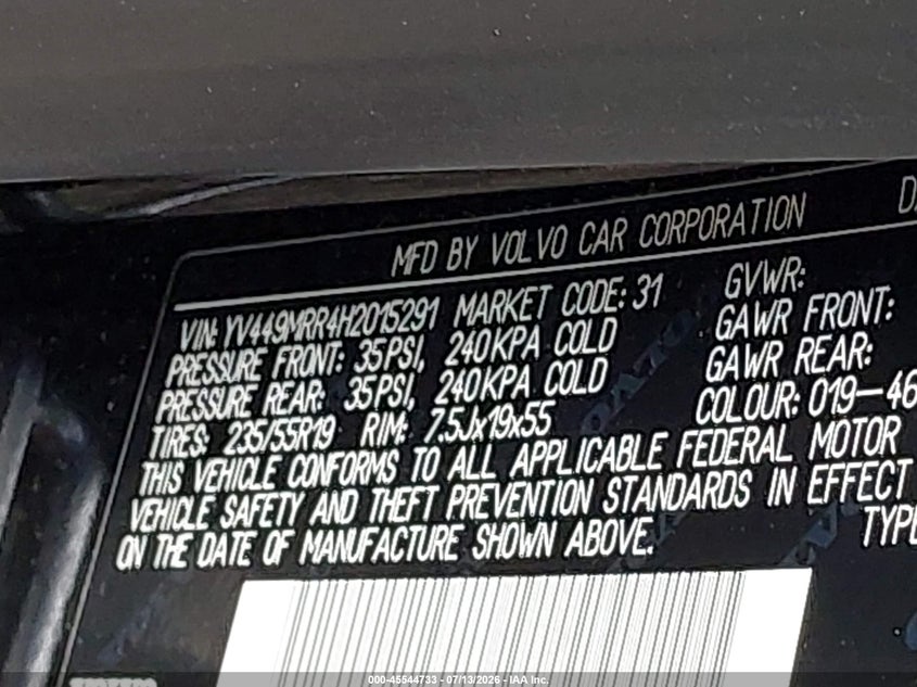 2017 Volvo Xc60 VIN YV449MRR4H2015291 IAAI salvage auction — FRONT & REAR, Salvage Title, sold $125 on 2026-07-28 (photo 9)