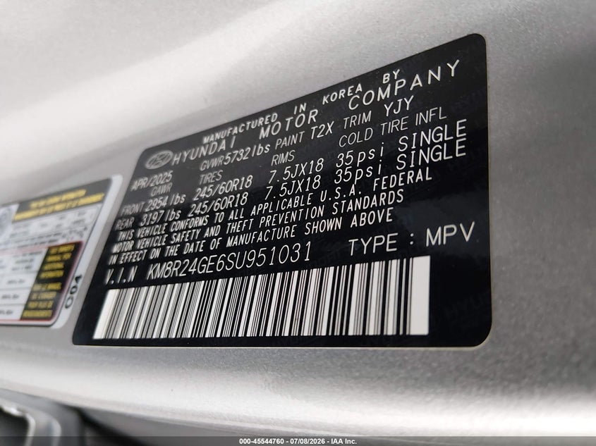 2025 Hyundai Palisade VIN KM8R24GE6SU951031 IAAI salvage auction — LEFT FRONT, Salvage Title, sold $25,700 on 2026-07-15 (photo 9)