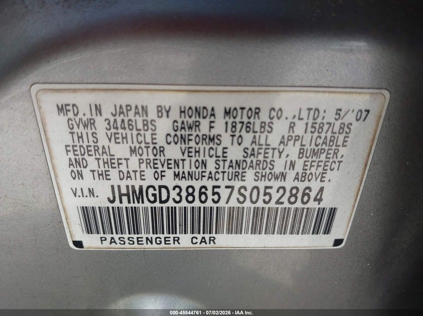 2007 Honda Fit VIN JHMGD38657S052864 IAAI salvage auction — NORMAL WEAR, Clear (Florida), sold $700 on 2026-07-09 (photo 9)