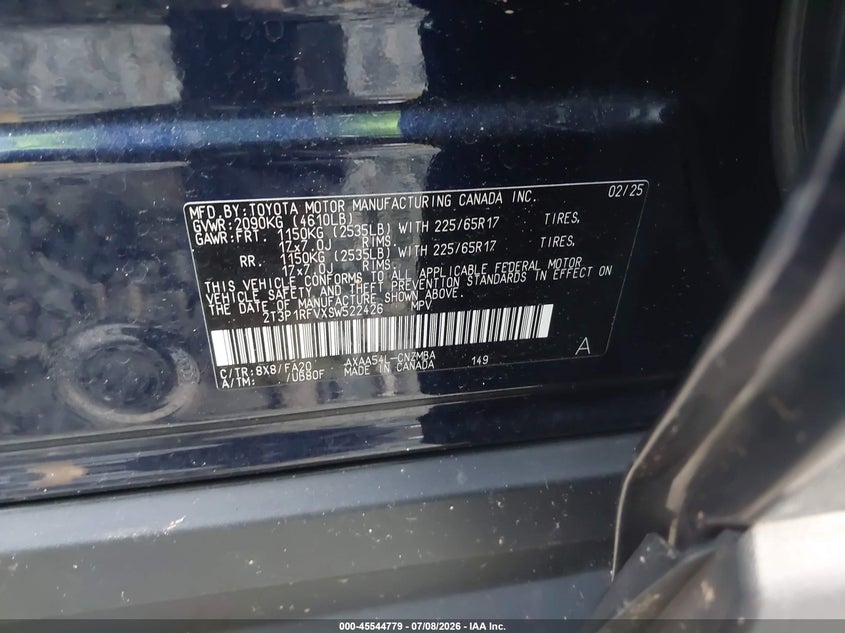 2025 Toyota Rav 4 VIN 2T3P1RFVXSW522426 IAAI salvage auction — FRONT END, Salvage Title, sold $7,250 on 2026-07-29 (photo 9)