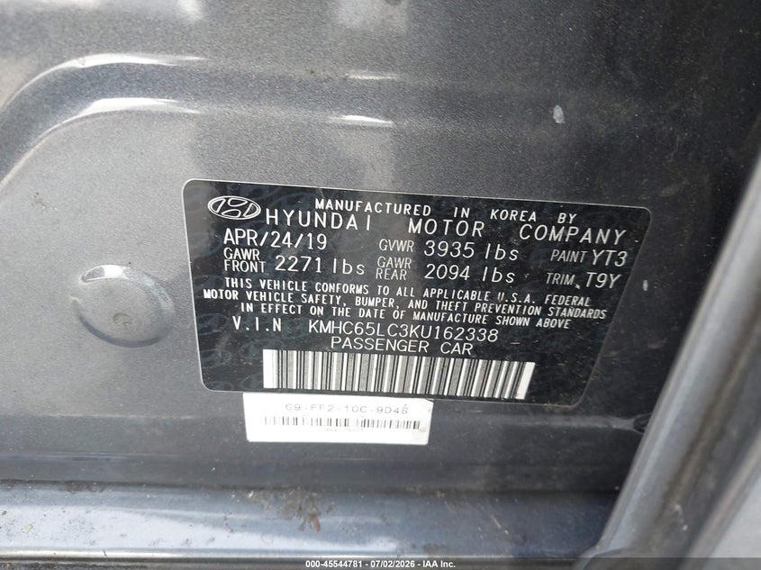2019 Hyundai Ioniq hybrid VIN KMHC65LC3KU162338 IAAI salvage auction — NORMAL WEAR, App For Dup Clear (California), sold $25 on 2026-07-09 (photo 9)