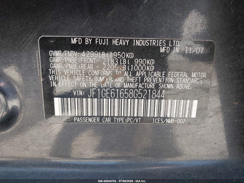 2008 Subaru Impreza VIN JF1GE61658G521844 IAAI salvage auction — NORMAL WEAR, Clear (Washington), sold $475 on 2026-07-22 (photo 9)