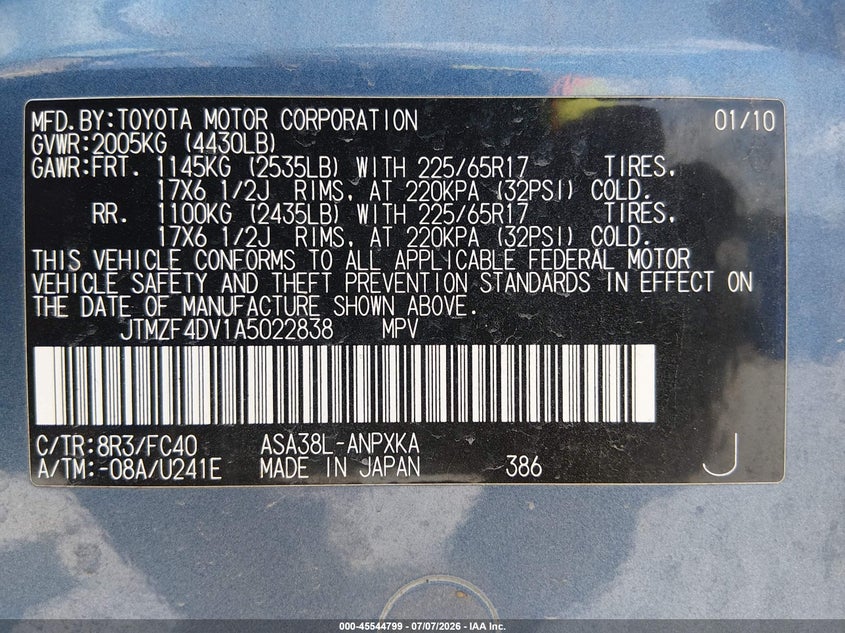 2010 Toyota Rav4 VIN JTMZF4DV1A5022838 IAAI salvage auction — NORMAL WEAR, Regular Certificate (Iowa), sold $700 on 2026-07-14 (photo 9)