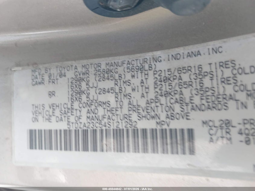 2004 Toyota Sienna VIN 5TDZA23C54S121292 IAAI salvage auction — NORMAL WEAR, Clear (Utah), sold $325 on 2026-07-09 (photo 9)