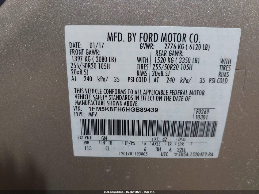2017 Ford Explorer VIN 1FM5K8FH6HGB89439 IAAI salvage auction — FRONT END, Salvage Title, sold $3,000 on 2026-07-23 (photo 9)