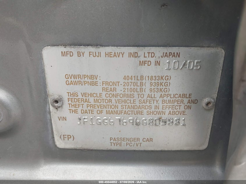2006 Subaru Impreza VIN JF1GG67696G805881 IAAI salvage auction — NORMAL WEAR, Clear (Pennsylvania), sold $375 on 2026-07-29 (photo 9)