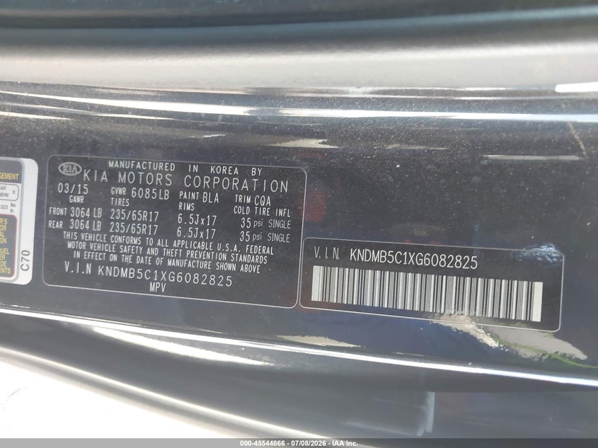 2016 Kia SEDONA VIN KNDMB5C1XG6082825 IAAI salvage auction — REAR END, Salvage (Texas), sold $1,475 on 2026-07-28 (photo 9)