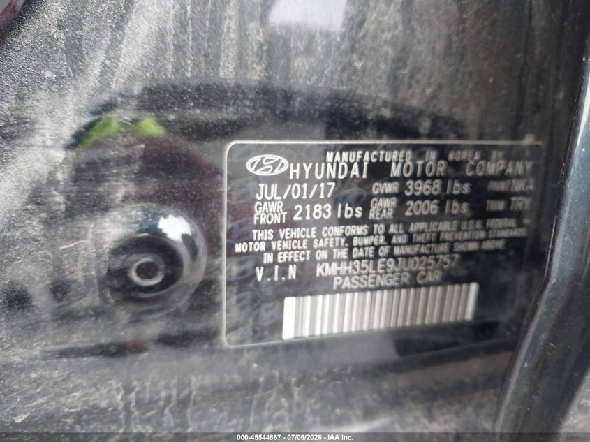 2018 Hyundai Elantra VIN KMHH35LE9JU025757 IAAI salvage auction — NORMAL WEAR, Clear (New Jersey), sold $2,700 on 2026-07-28 (photo 9)