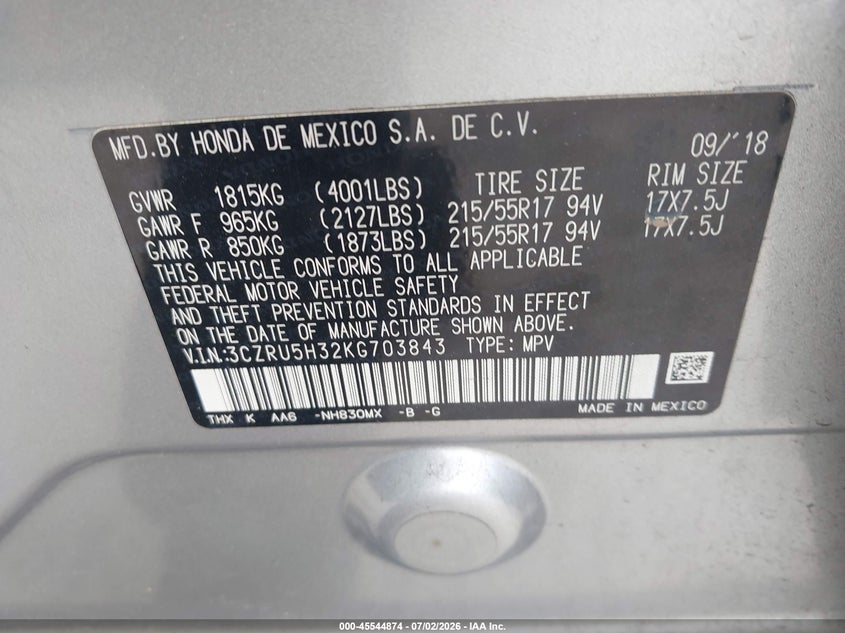 2019 Honda Hr-v VIN 3CZRU5H32KG703843 IAAI salvage auction — NORMAL WEAR, Clear - Dealer Only (California), sold $4,750 on 2026-07-09 (photo 9)