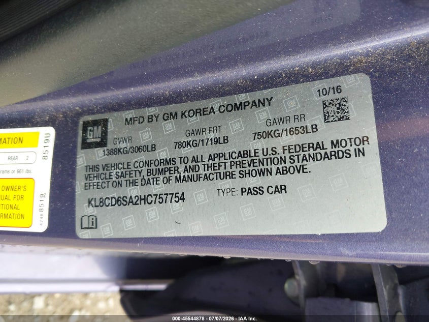 2017 Chevrolet Spark VIN KL8CD6SA2HC757754 IAAI salvage auction — REAR END, Clear (Virginia), sold $1,000 on 2026-07-28 (photo 9)