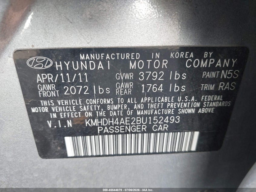 2011 Hyundai Elantra VIN KMHDH4AE2BU152493 IAAI salvage auction — FRONT & REAR, Salvage (Arizona), sold $450 on 2026-07-10 (photo 9)