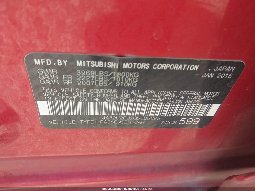 2016 Mitsubishi Lancer VIN JA32U2FU2GU008685 IAAI salvage auction — FRONT END, Salvage (Arizona), sold $1,050 on 2026-07-23 (photo 9)