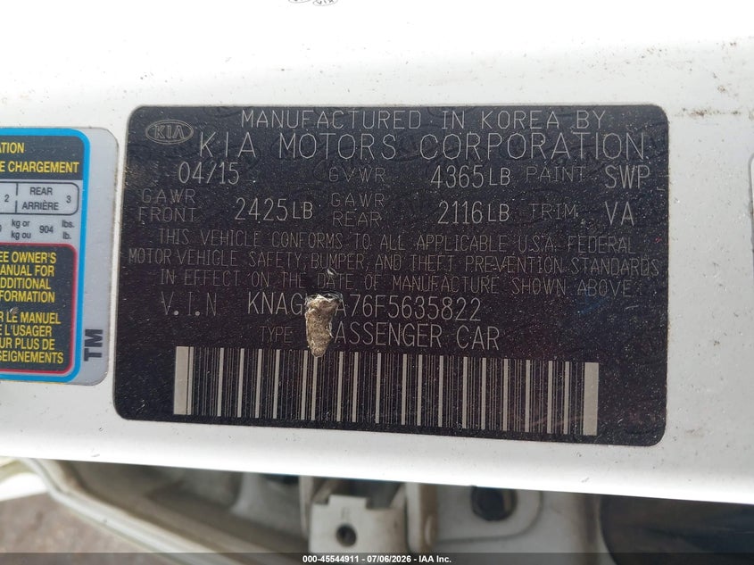 2015 Kia Optima VIN KNAGM4A76F5635822 IAAI salvage auction — NORMAL WEAR, Clear (Mississippi), sold $325 on 2026-07-29 (photo 9)
