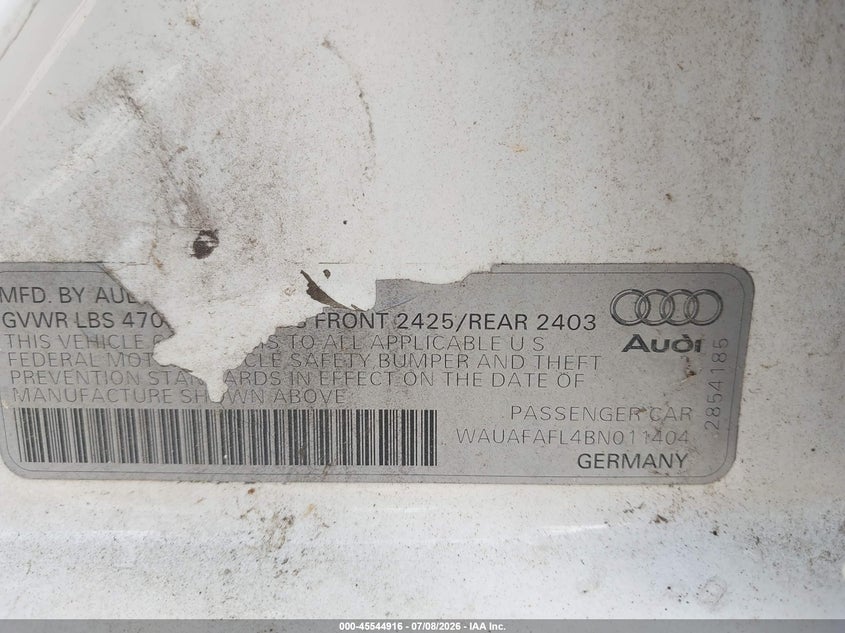 2011 Audi A4 VIN WAUAFAFL4BN011404 IAAI salvage auction — NORMAL WEAR, Clear (Tennessee), sold $400 on 2026-07-30 (photo 9)