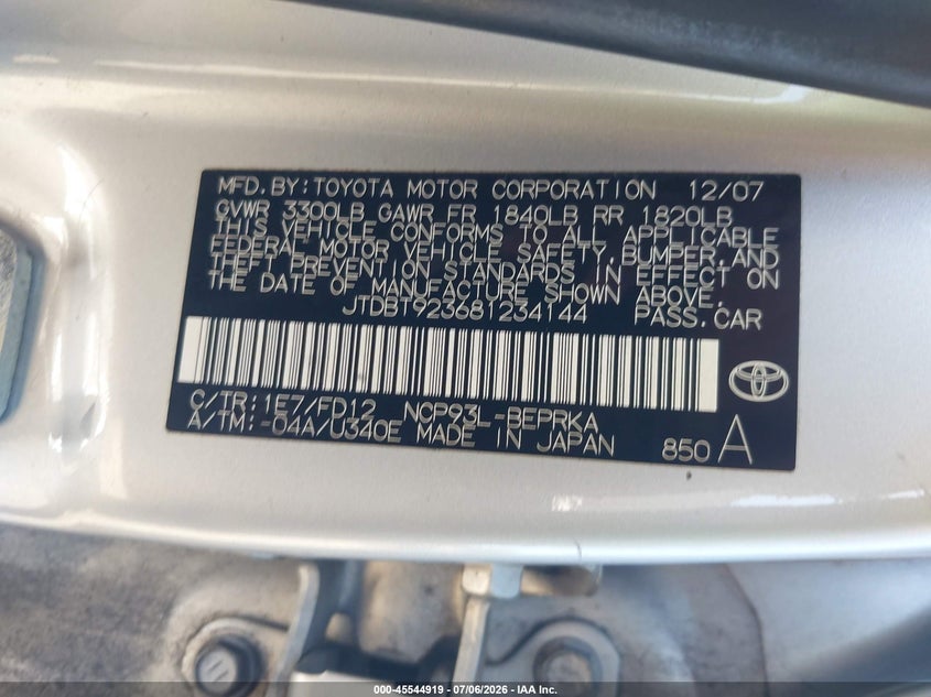 2008 Toyota Yaris VIN JTDBT923681234144 IAAI salvage auction — LEFT REAR, Salvage (California), sold $500 on 2026-07-28 (photo 9)