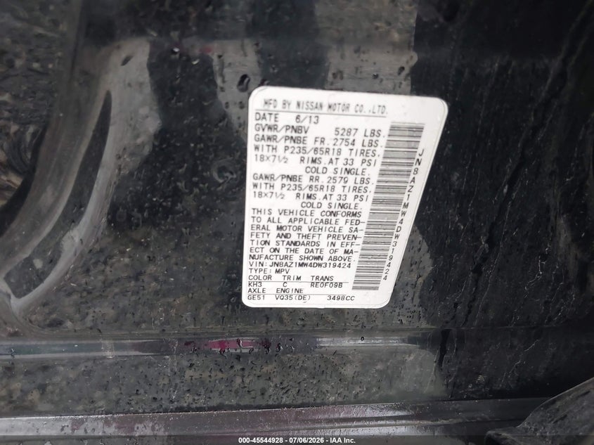 2013 Nissan Murano VIN JN8AZ1MW4DW319424 IAAI salvage auction — REAR END, Salvage (Pennsylvania), sold $25 on 2026-07-24 (photo 9)