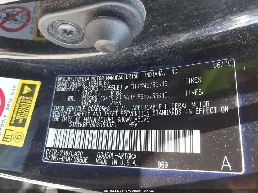 2016 Toyota Highlander VIN 5TDYKRFH8GS159371 IAAI salvage auction — FRONT END, Salvage (North Carolina), sold $7,400 on 2026-07-19 (photo 9)