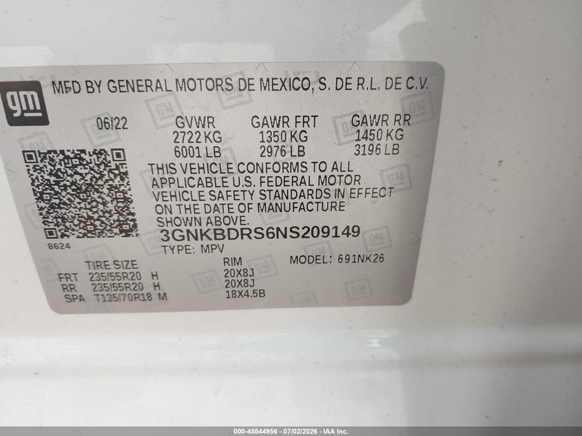 2022 Chevrolet Blazer VIN 3GNKBDRS6NS209149 IAAI salvage auction — FRONT END, Salvage Title, sold $7,000 on 2026-07-26 (photo 9)