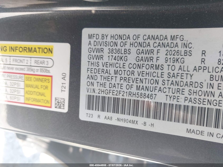 2024 Honda Civic VIN 2HGFE2F21RH588467 IAAI salvage auction — REAR END, Wait Title, sold $8,600 on 2026-08-22 (photo 9)