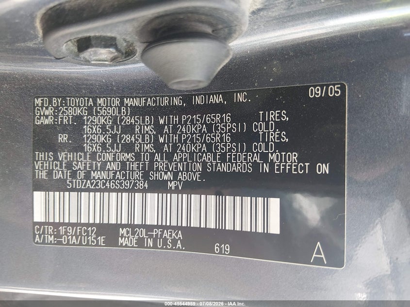 2006 Toyota Sienna VIN 5TDZA23C46S397384 IAAI salvage auction — NORMAL WEAR, Clear (Pennsylvania), sold $825 on 2026-07-20 (photo 9)