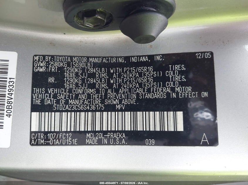 2006 Toyota Sienna VIN 5TDZA23C56S436175 IAAI salvage auction — NORMAL WEAR, Clear (Virginia), sold $475 on 2026-07-14 (photo 9)