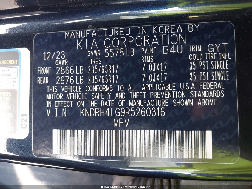 2024 Kia Sorento VIN KNDRH4LG9R5260316 IAAI salvage auction — FRONT END, Salvage Title, sold $9,200 on 2026-07-22 (photo 9)
