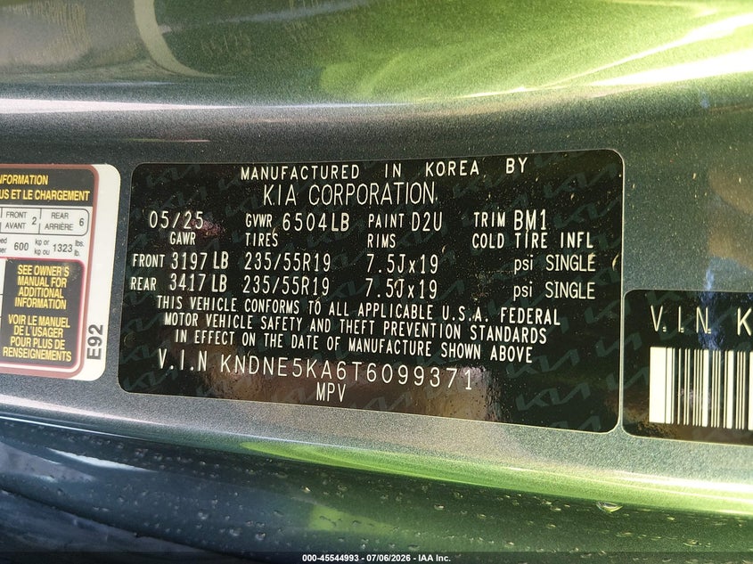 2026 Kia Carnival VIN KNDNE5KA6T6099371 IAAI salvage auction — FRONT END, Salvage (Arkansas), sold $14,600 on 2026-07-30 (photo 9)
