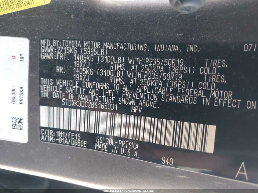 2011 Toyota Sienna VIN 5TDXK3DC2BS165031 IAAI salvage auction — NORMAL WEAR, Clear (New Jersey), sold $1,300 on 2026-07-20 (photo 9)