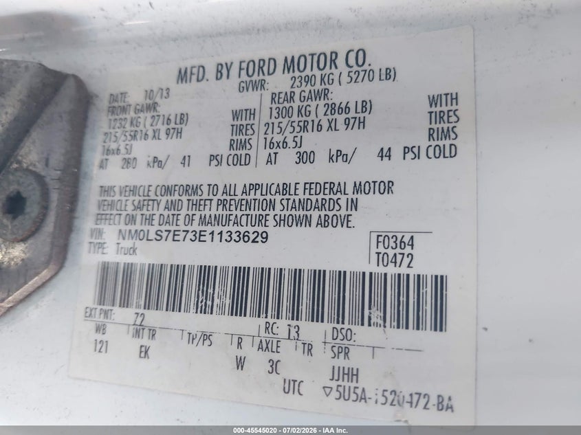 2014 Ford Transit connect VIN NM0LS7E73E1133629 IAAI salvage auction — NORMAL WEAR, Clear (New Jersey), sold $1,100 on 2026-07-29 (photo 9)