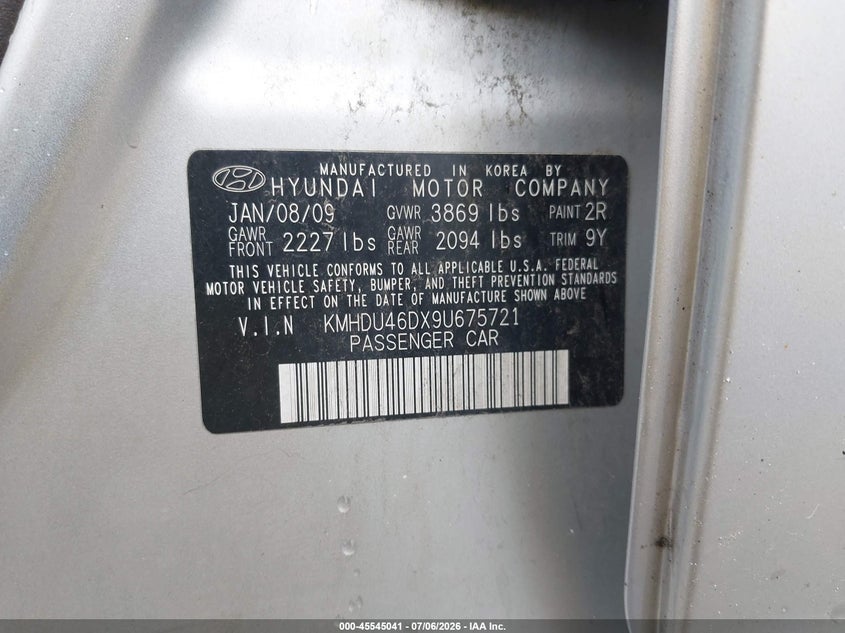 2009 Hyundai Elantra VIN KMHDU46DX9U675721 IAAI salvage auction — REAR END, Salvage (Pennsylvania), sold $350 on 2026-07-24 (photo 9)