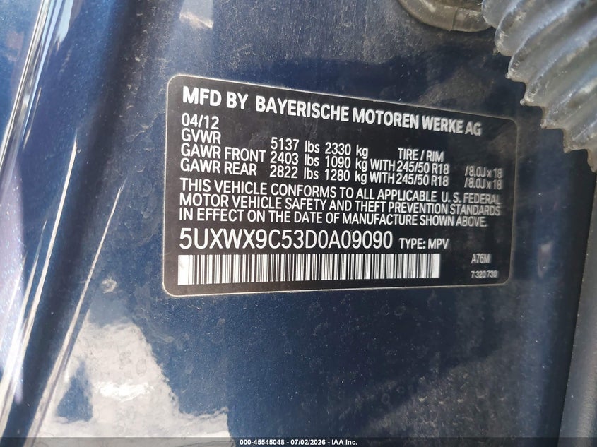 2013 BMW X3 VIN 5UXWX9C53D0A09090 IAAI salvage auction — NORMAL WEAR, Clear (Pennsylvania), sold $750 on 2026-07-31 (photo 9)