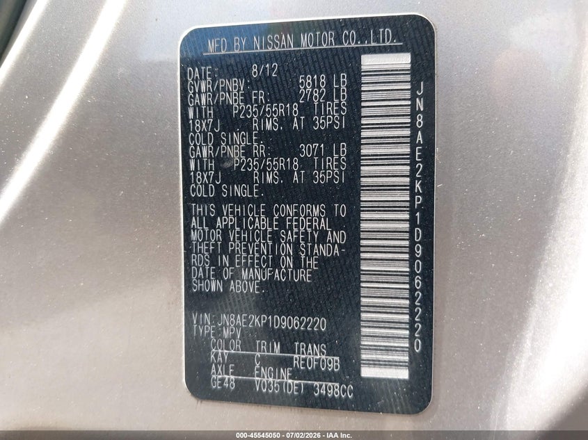 2013 Nissan Quest VIN JN8AE2KP1D9062220 IAAI salvage auction — NORMAL WEAR, Clear (Florida), sold $1,400 on 2026-07-14 (photo 9)