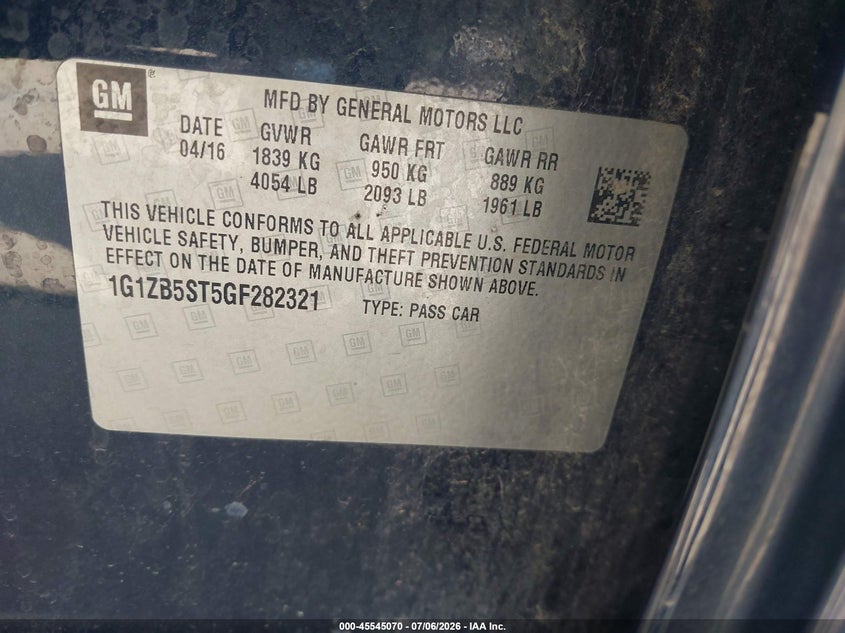 2016 Chevrolet Malibu VIN 1G1ZB5ST5GF282321 IAAI salvage auction — FRONT END, Salvage (Texas), sold $1,200 on 2026-07-19 (photo 9)