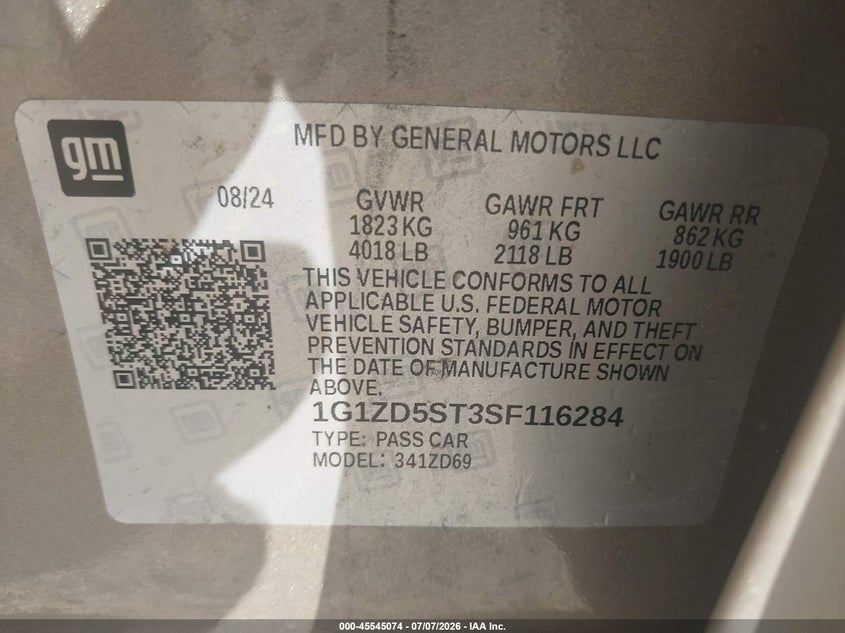 2025 Chevrolet Malibu VIN 1G1ZD5ST3SF116284 IAAI salvage auction — LEFT SIDE, Enterprise Vehicles Clear Only (Florida), sold $9,750 on 2026-07-15 (photo 9)
