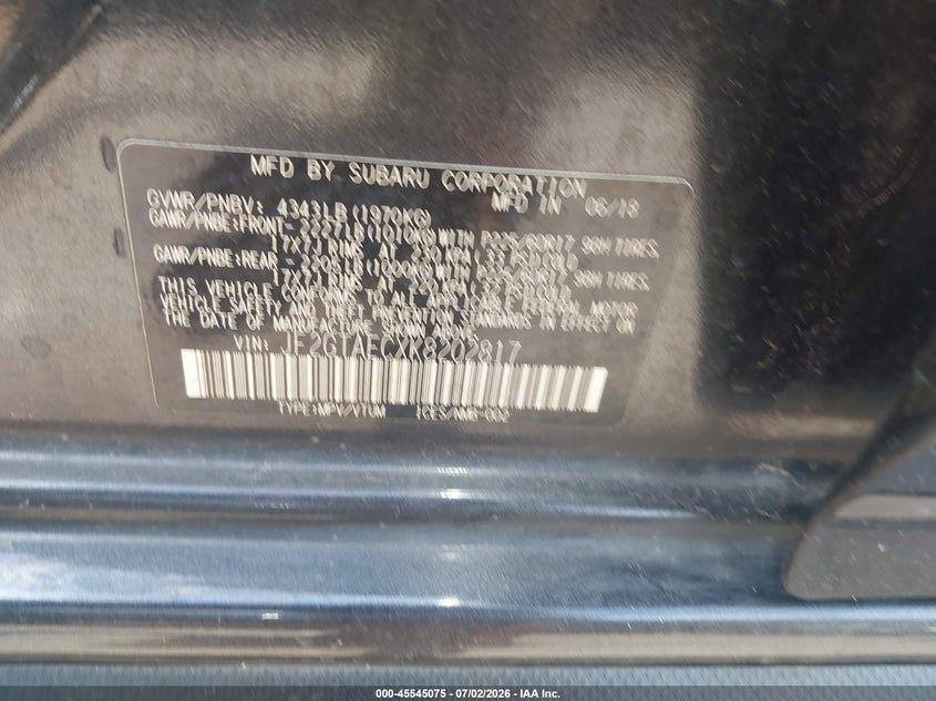 2019 Subaru Xv VIN JF2GTAECXK8202817 IAAI salvage auction — HAIL, Salvage (Oklahoma), sold $4,850 on 2026-07-29 (photo 9)