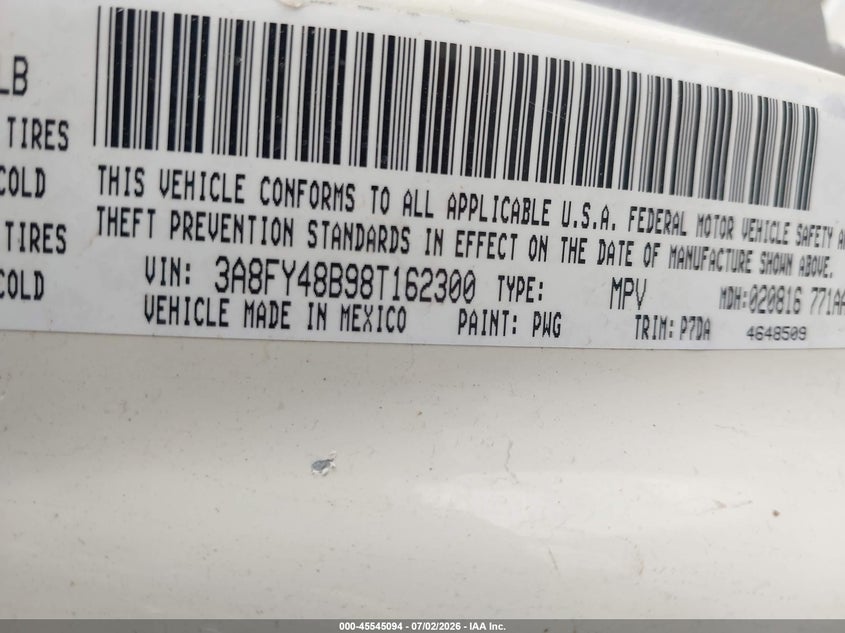 2008 Chrysler Pt cruiser VIN 3A8FY48B98T162300 IAAI salvage auction — NORMAL WEAR, Clear - Dealer Only (California), sold $200 on 2026-07-08 (photo 9)